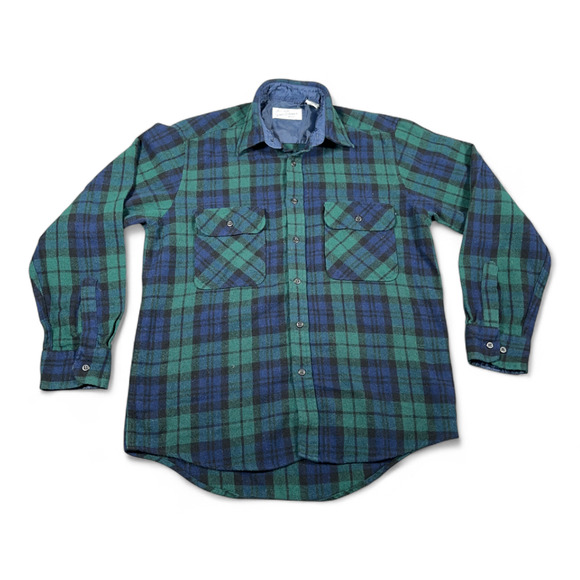 Vintage Sears Roebuck Shirt Adult MEDIUM Blue Green Flannel Black Watch Wool 80s - Picture 1 of 9